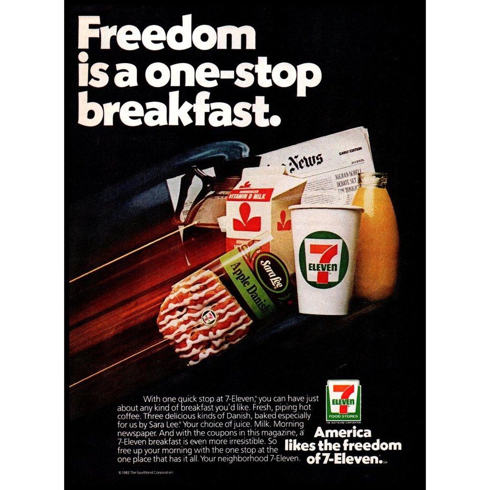 1982 7 Eleven Convenience Store Vintage Print Ad Freedom Breakfast Spot Wall Art